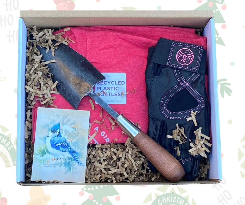 Holiday Bundle includes WEEDIES Gardening Gloves, ELEMENTS T-Shirt, Hand Tool, and Bird & Butterfly Wildflower seed mix packet.