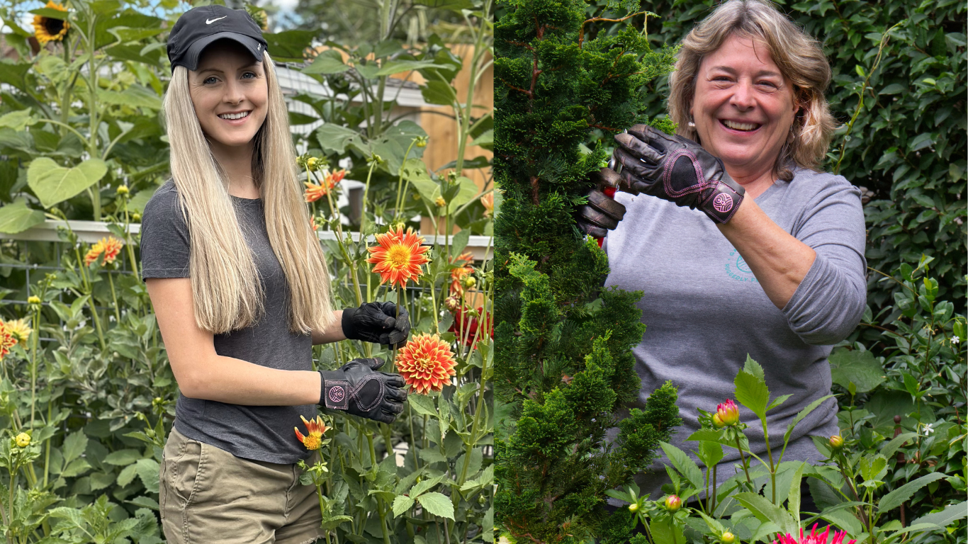 Two women gardening with WEEDIES Gardening Gloves, surrounded by flowers and plants.